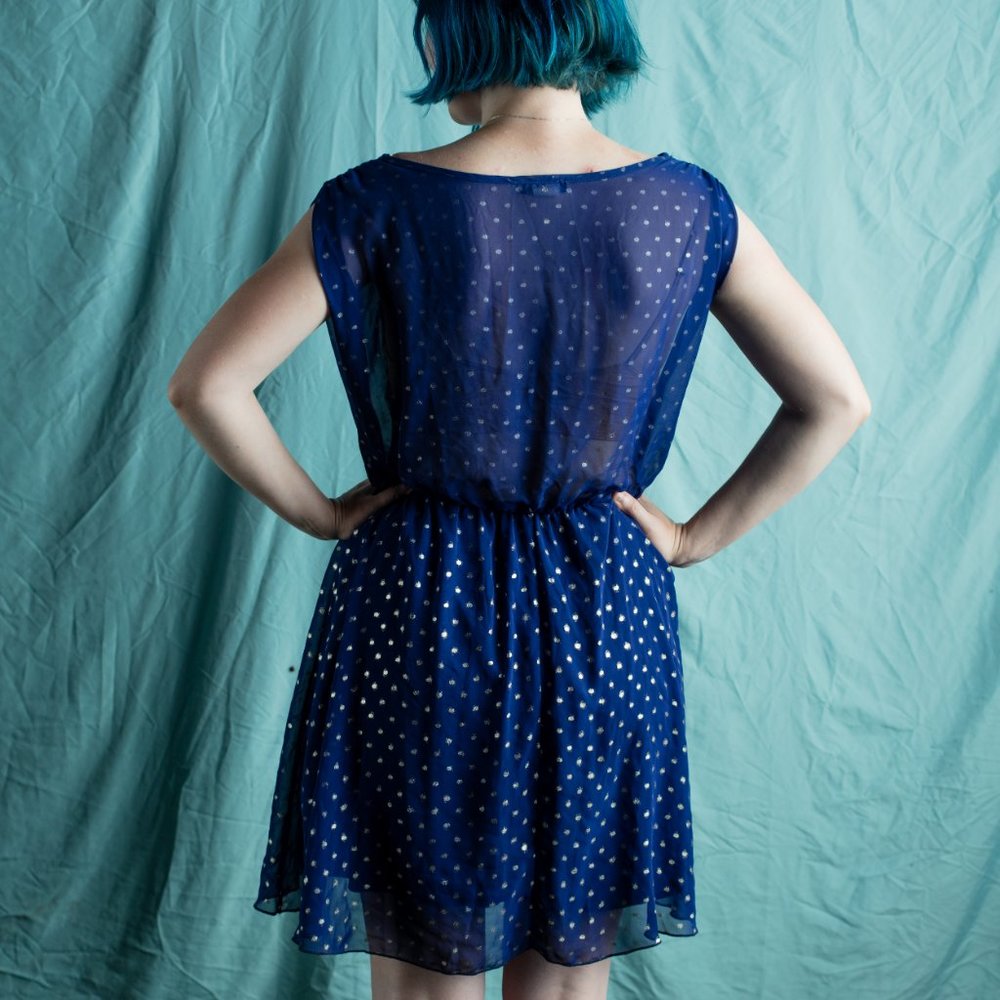 DEB | Blue Dress with Gold Polka Dots - Picture 3 of 3